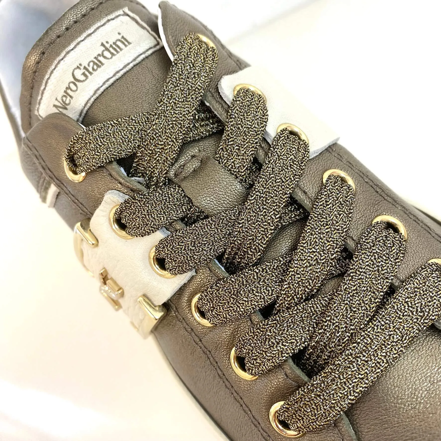 NeroGiardini Bronze Metallic Leather Lace Up Sneakers