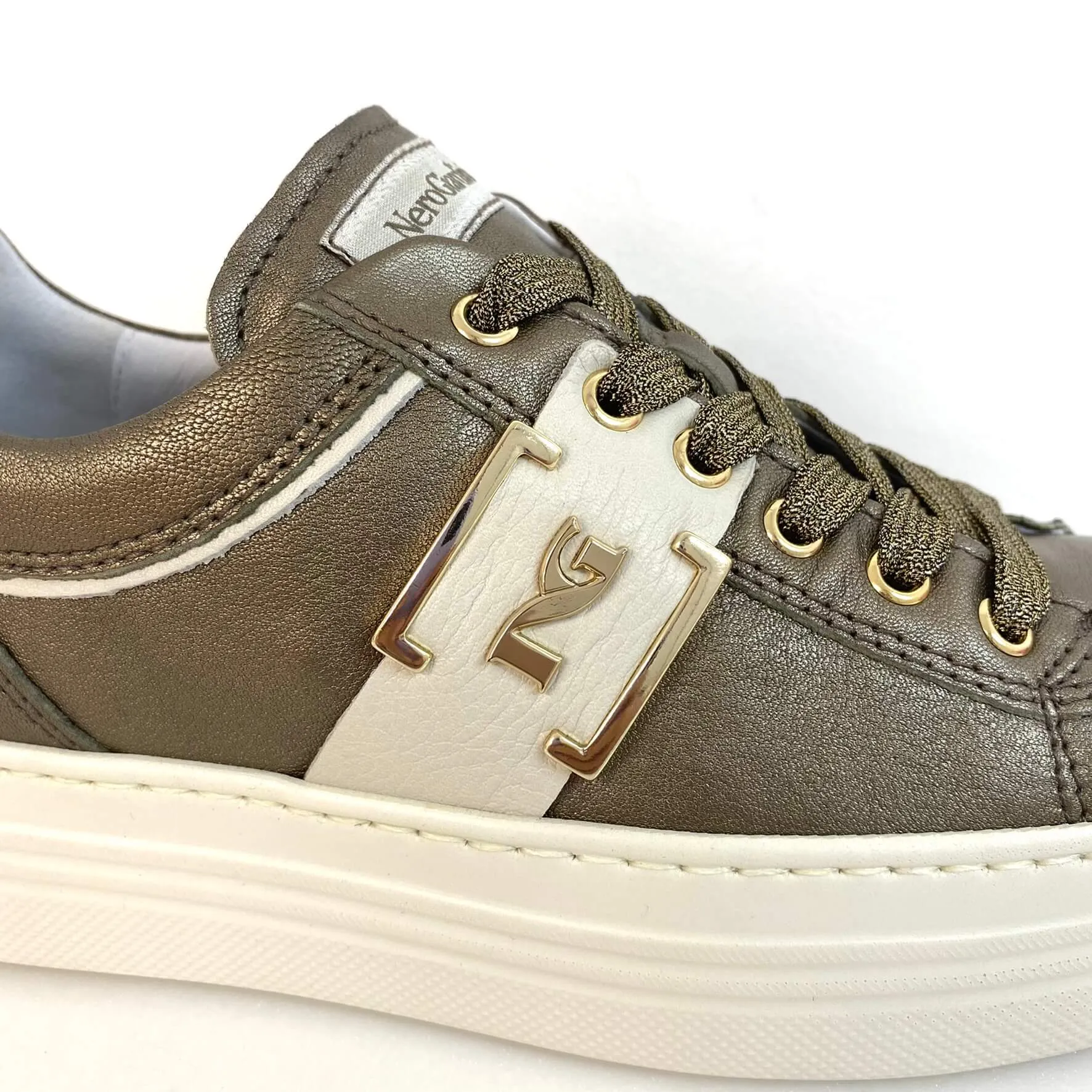 NeroGiardini Bronze Metallic Leather Lace Up Sneakers