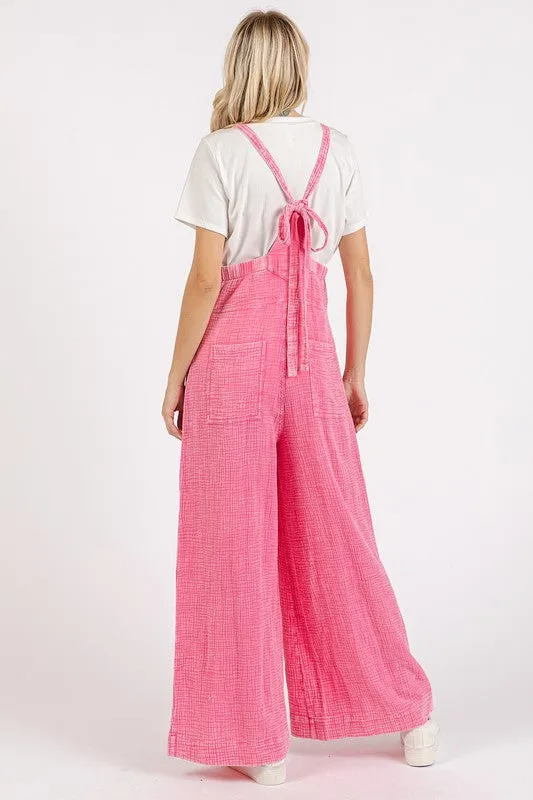 Overall Vibes Barbie Pink Textured Wide Leg Overalls