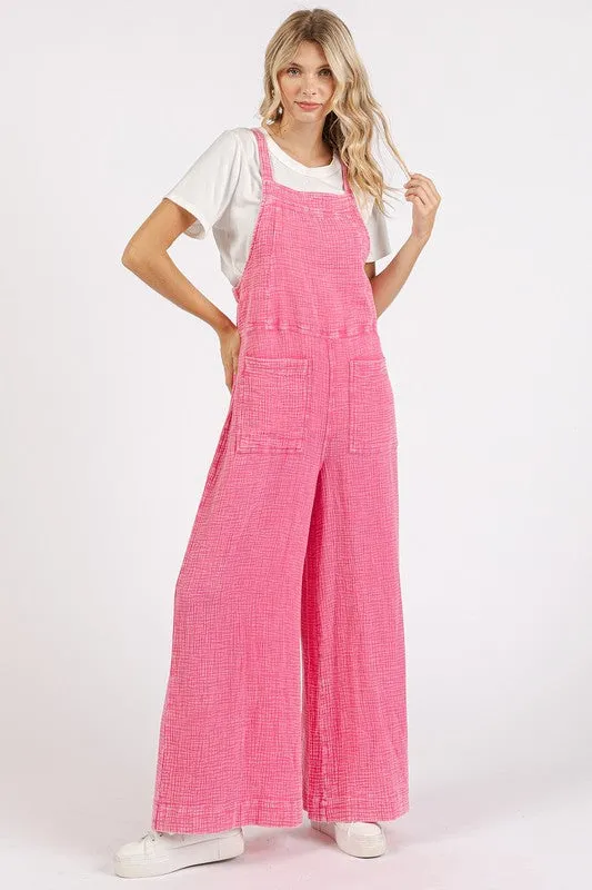 Overall Vibes Barbie Pink Textured Wide Leg Overalls