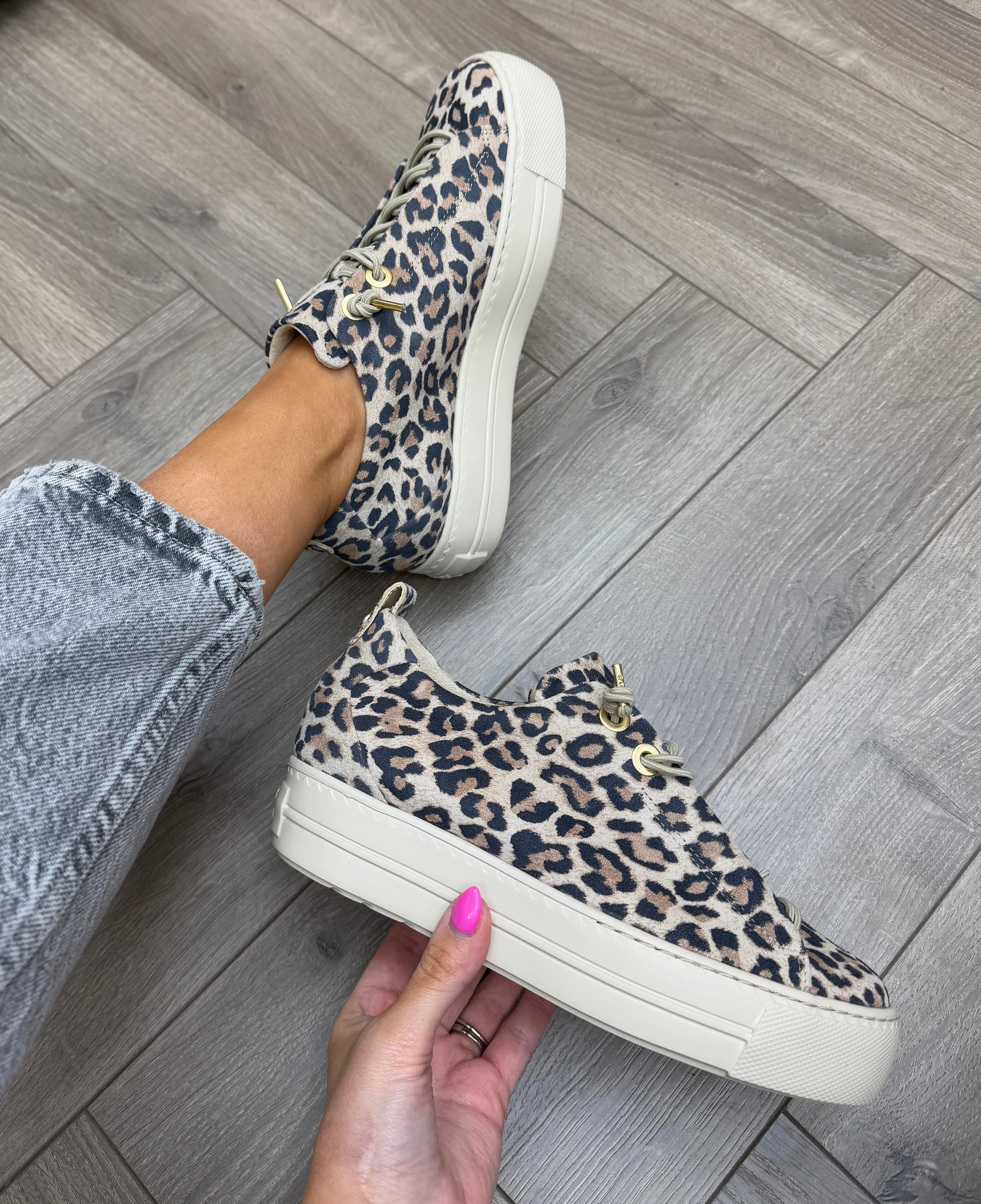 Paul Green 5317-04x Leopard Print Trainer With Elasticated Laces - Leopardino Desert