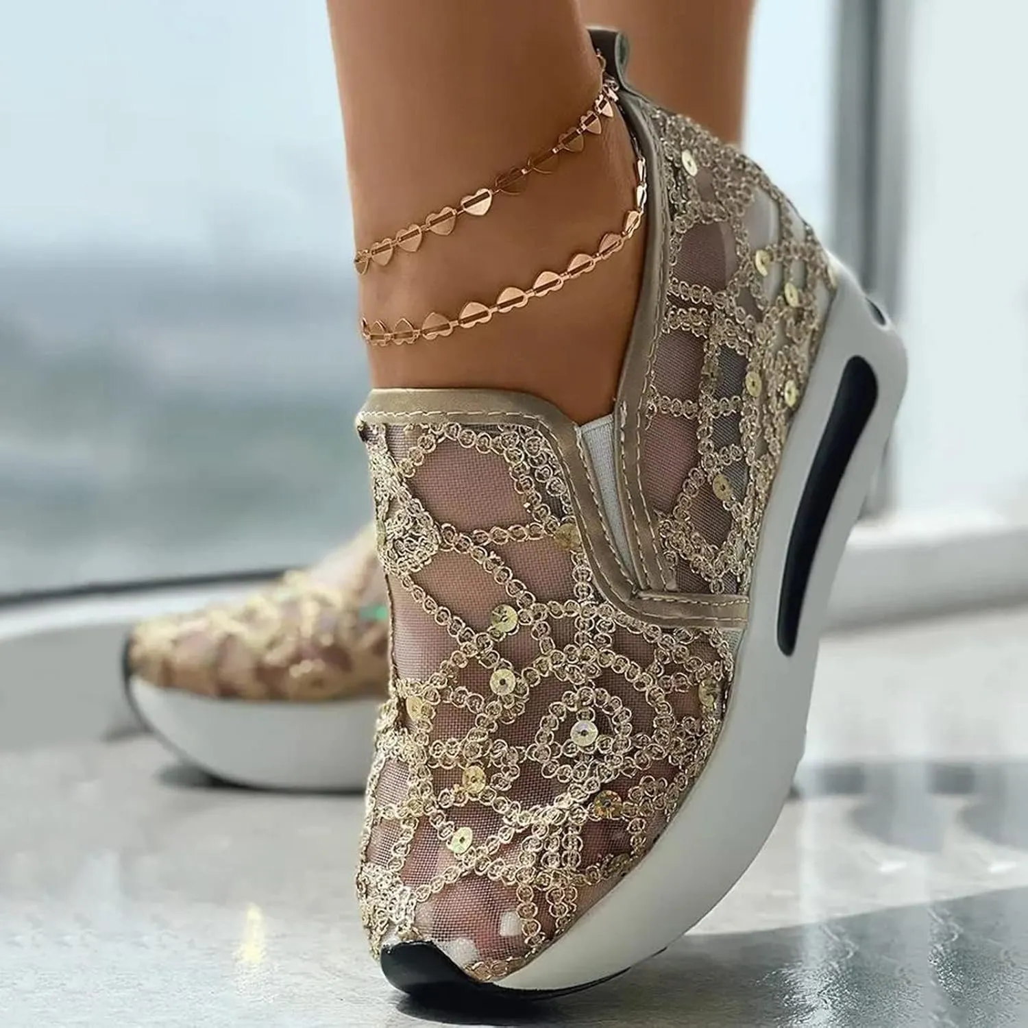 Platform Wedge Slip On for Women Fashion Bling Tennis Shoes Chunky Sole Hidden High Heels Sneakers Floral Breathable Embroidery Loafers Dressy Casual Shoes with Arch Support