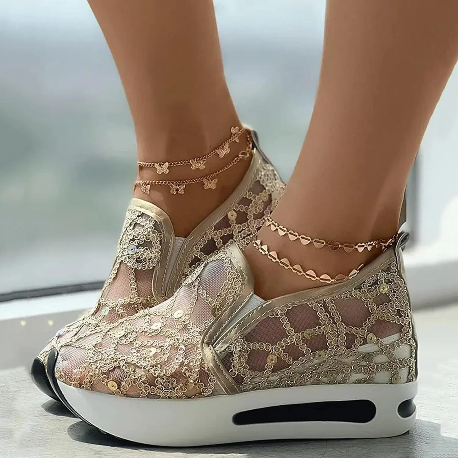 Platform Wedge Slip On for Women Fashion Bling Tennis Shoes Chunky Sole Hidden High Heels Sneakers Floral Breathable Embroidery Loafers Dressy Casual Shoes with Arch Support