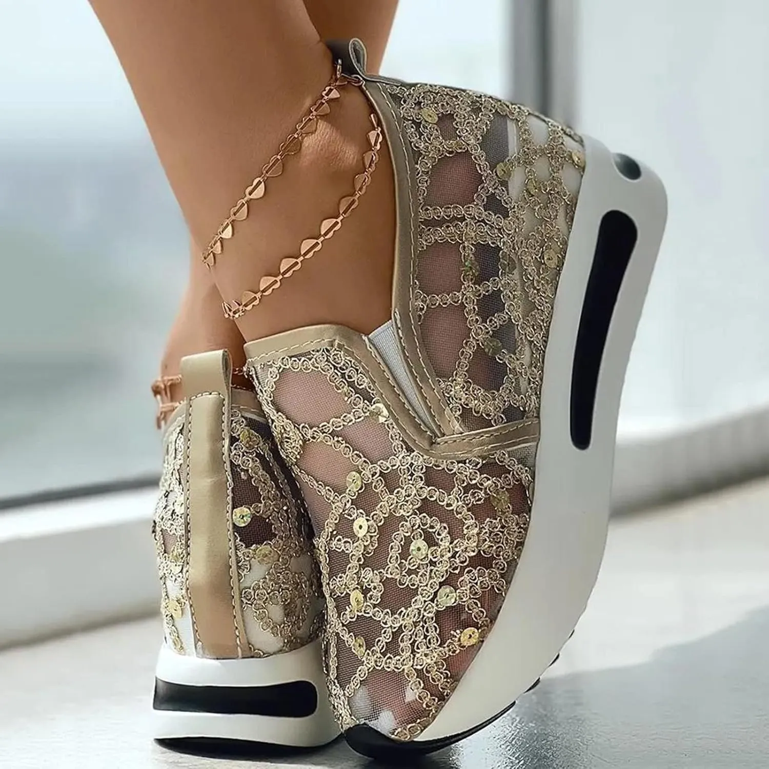 Platform Wedge Slip On for Women Fashion Bling Tennis Shoes Chunky Sole Hidden High Heels Sneakers Floral Breathable Embroidery Loafers Dressy Casual Shoes with Arch Support