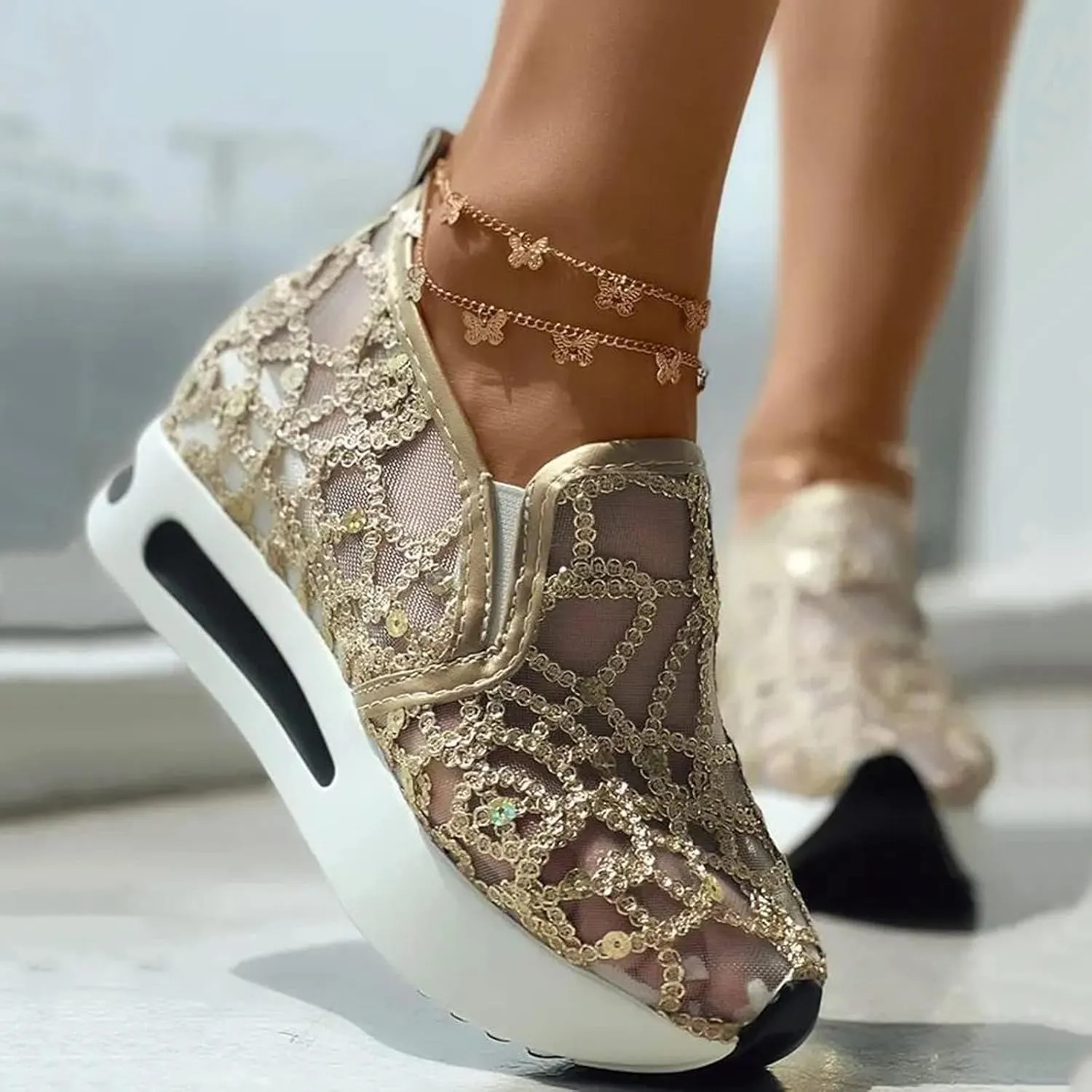 Platform Wedge Slip On for Women Fashion Bling Tennis Shoes Chunky Sole Hidden High Heels Sneakers Floral Breathable Embroidery Loafers Dressy Casual Shoes with Arch Support
