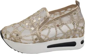Platform Wedge Slip On for Women Fashion Bling Tennis Shoes Chunky Sole Hidden High Heels Sneakers Floral Breathable Embroidery Loafers Dressy Casual Shoes with Arch Support