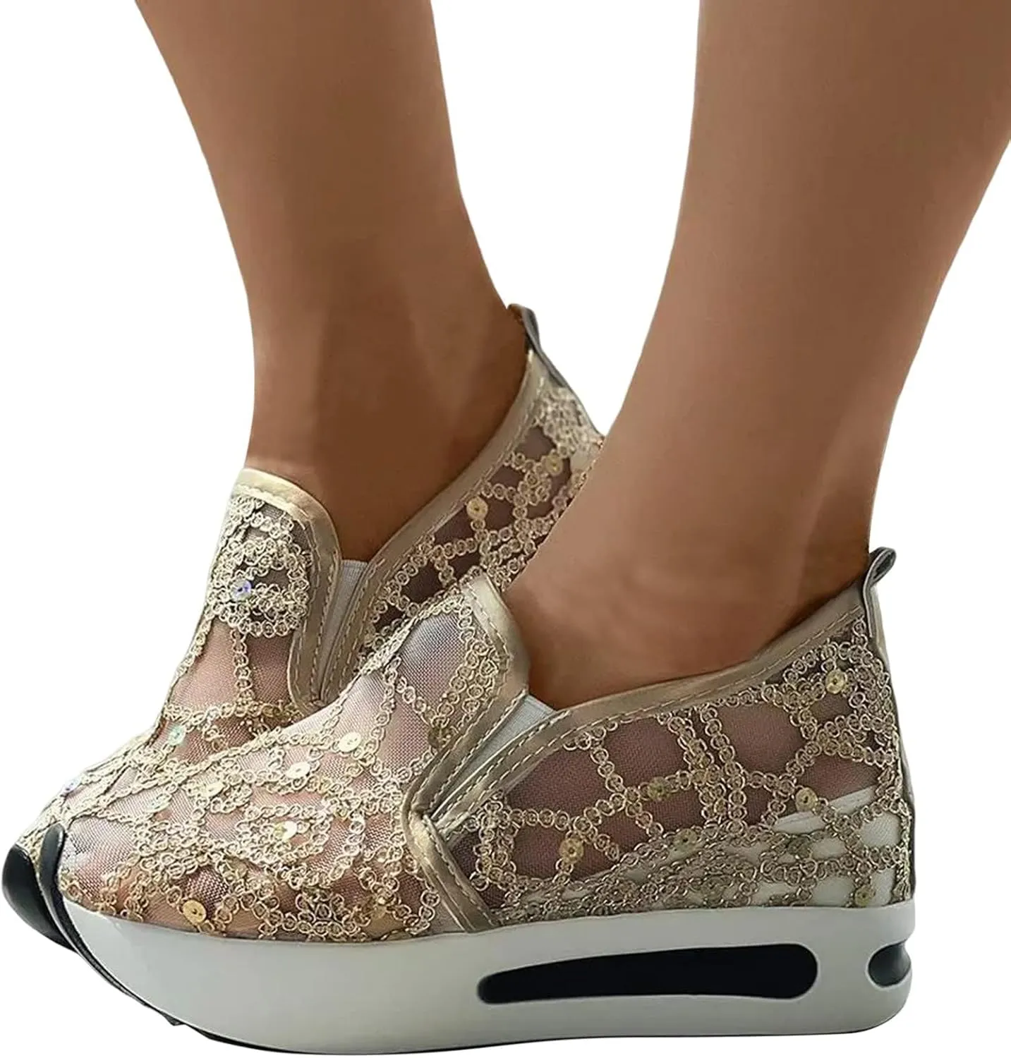 Platform Wedge Slip On for Women Fashion Bling Tennis Shoes Chunky Sole Hidden High Heels Sneakers Floral Breathable Embroidery Loafers Dressy Casual Shoes with Arch Support