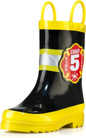 Puddle Play Rubber Rainboots 100% Waterproof - Easy-on Handles Yellow Fire Chief Size 9 Toddler