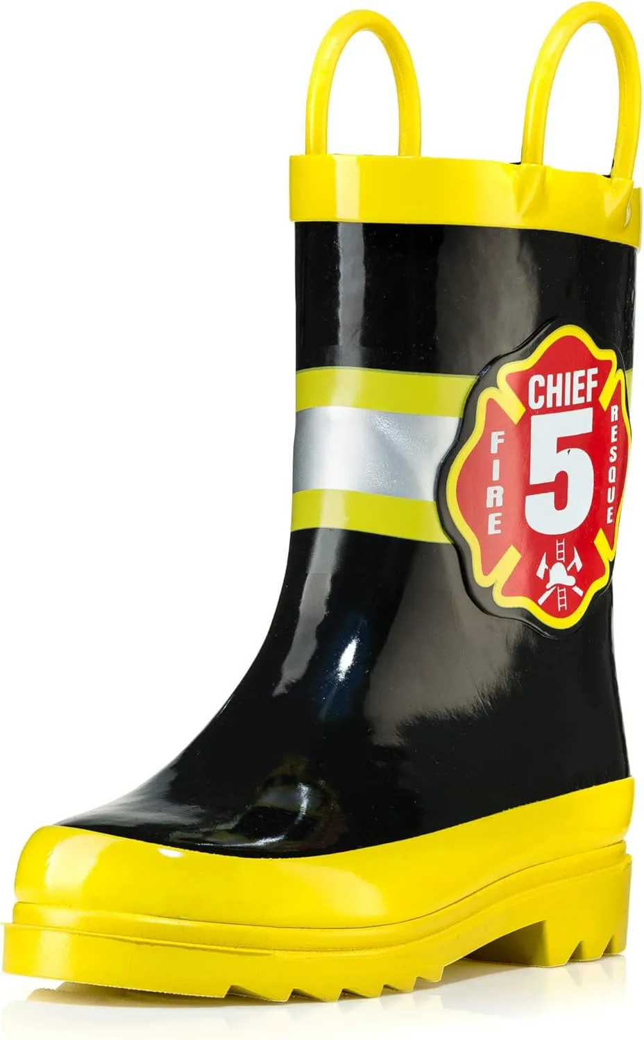 Puddle Play Rubber Rainboots 100% Waterproof - Easy-on Handles Yellow Fire Chief Size 9 Toddler