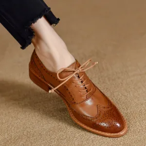 Purpdrank - Lace-Up Brogue Shoes For Women Vintage Oxfords Flat Shoes Woman Cowhide Lady Flats Retro Low Heel British Style Quality Oxfords
