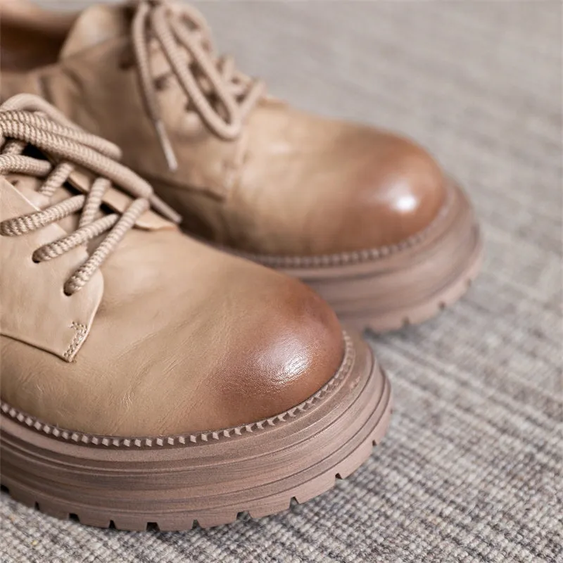 Retro Lace Up Leather Shoes Round Toe Chunky Oxford Shoes Black/Brown/Beige