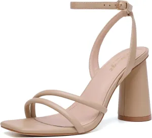 RIBONGZ Block Heels Prom Heeled Sandals for Women Chunky Square Open Toe Strappy High Heels Ankle Strap Wedding Bridal Shoes High Heel Sandals for Party Dress