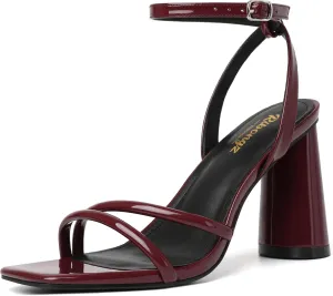 RIBONGZ Block Heels Prom Heeled Sandals for Women Chunky Square Open Toe Strappy High Heels Ankle Strap Wedding Bridal Shoes High Heel Sandals for Party Dress