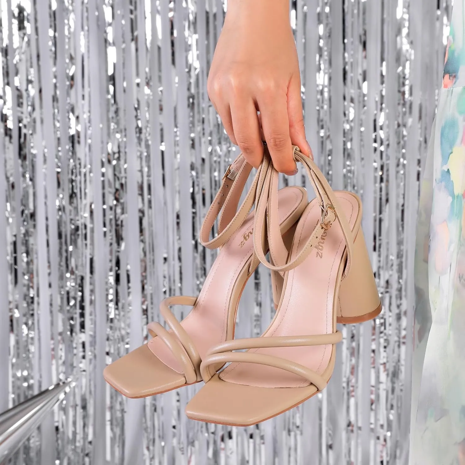 RIBONGZ Block Heels Prom Heeled Sandals for Women Chunky Square Open Toe Strappy High Heels Ankle Strap Wedding Bridal Shoes High Heel Sandals for Party Dress