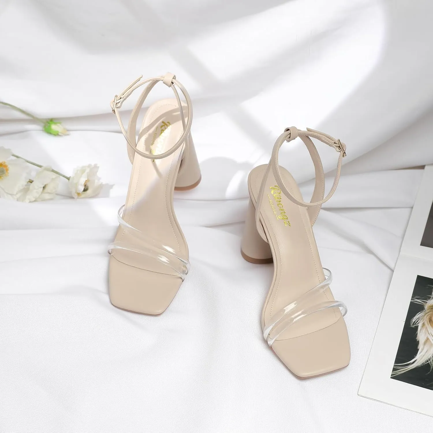 RIBONGZ Block Heels Prom Heeled Sandals for Women Chunky Square Open Toe Strappy High Heels Ankle Strap Wedding Bridal Shoes High Heel Sandals for Party Dress