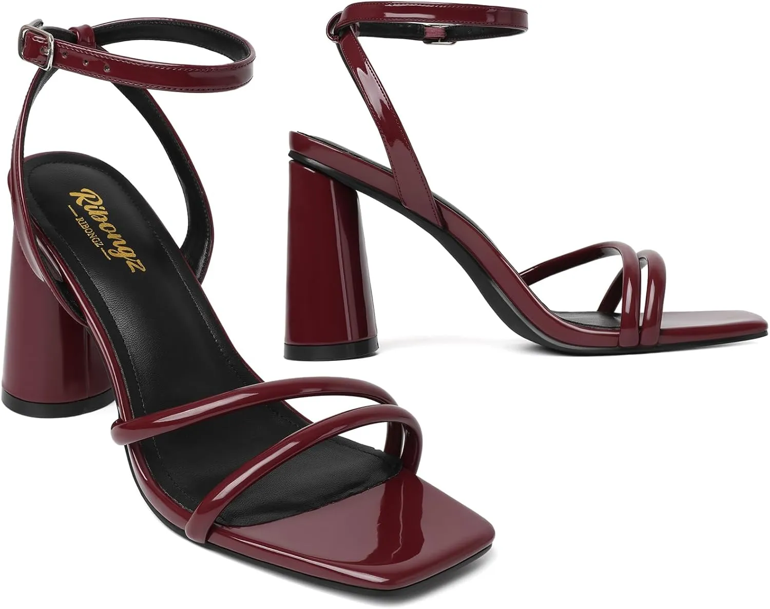 RIBONGZ Block Heels Prom Heeled Sandals for Women Chunky Square Open Toe Strappy High Heels Ankle Strap Wedding Bridal Shoes High Heel Sandals for Party Dress