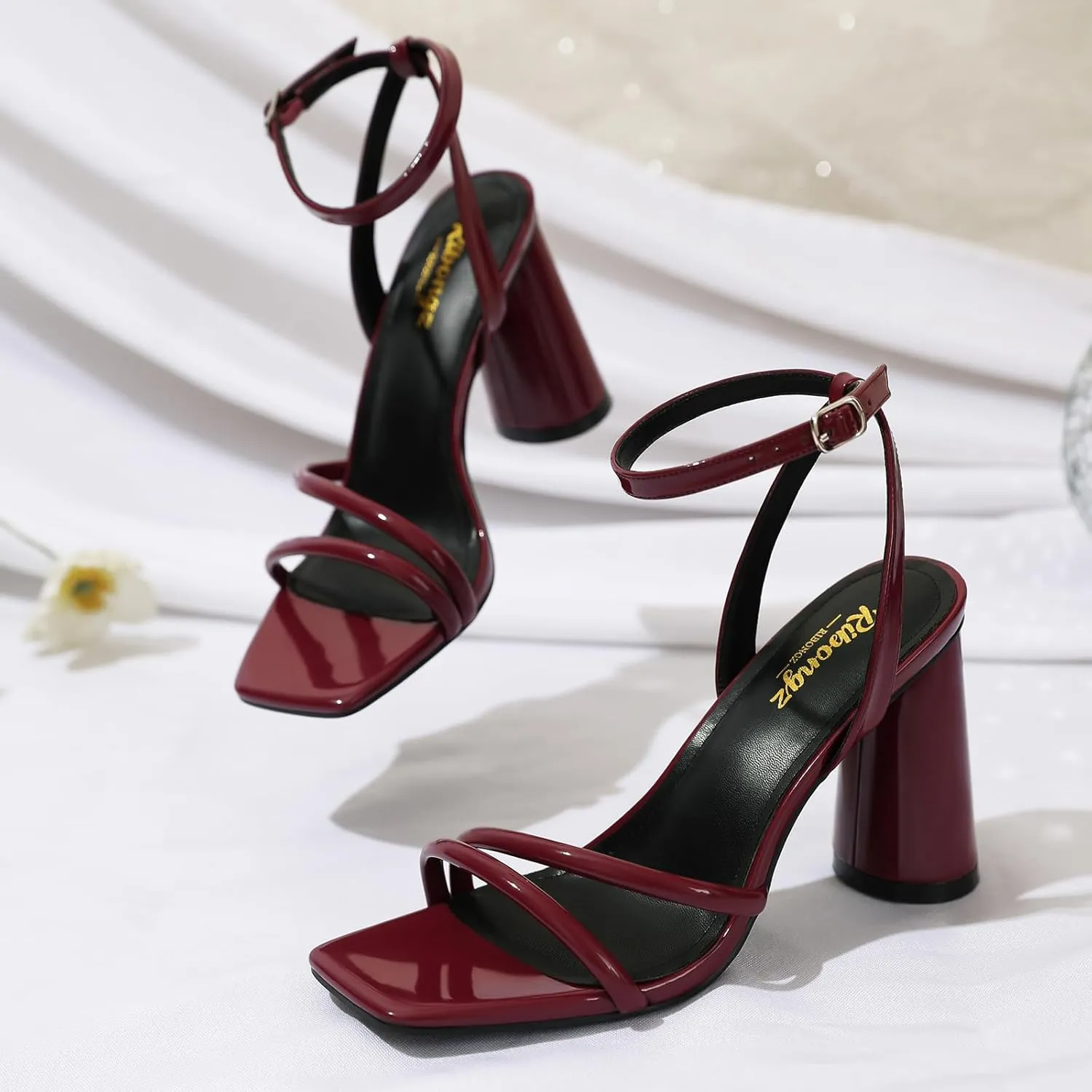 RIBONGZ Block Heels Prom Heeled Sandals for Women Chunky Square Open Toe Strappy High Heels Ankle Strap Wedding Bridal Shoes High Heel Sandals for Party Dress