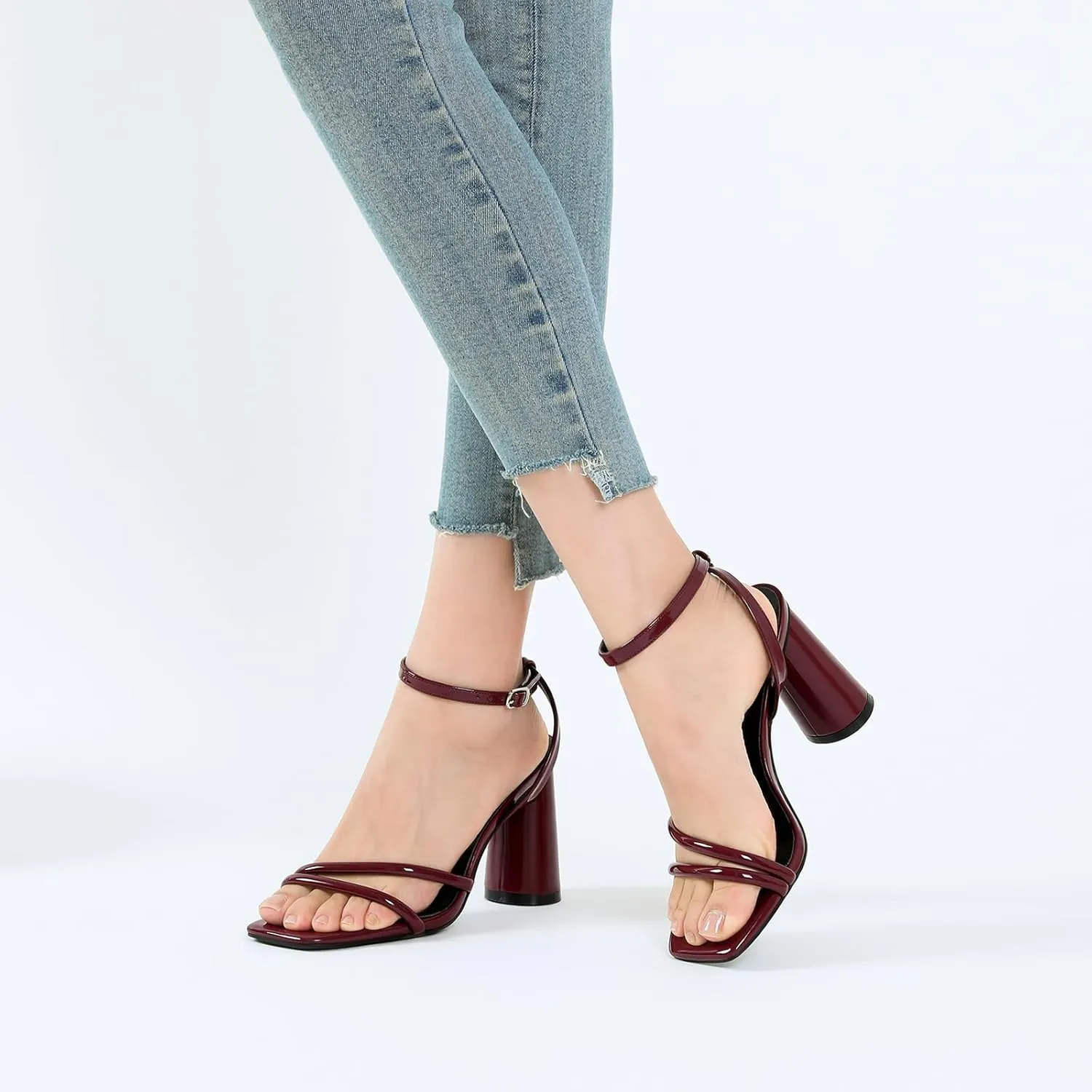 RIBONGZ Block Heels Prom Heeled Sandals for Women Chunky Square Open Toe Strappy High Heels Ankle Strap Wedding Bridal Shoes High Heel Sandals for Party Dress