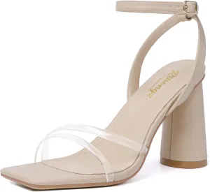 RIBONGZ Block Heels Prom Heeled Sandals for Women Chunky Square Open Toe Strappy High Heels Ankle Strap Wedding Bridal Shoes High Heel Sandals for Party Dress