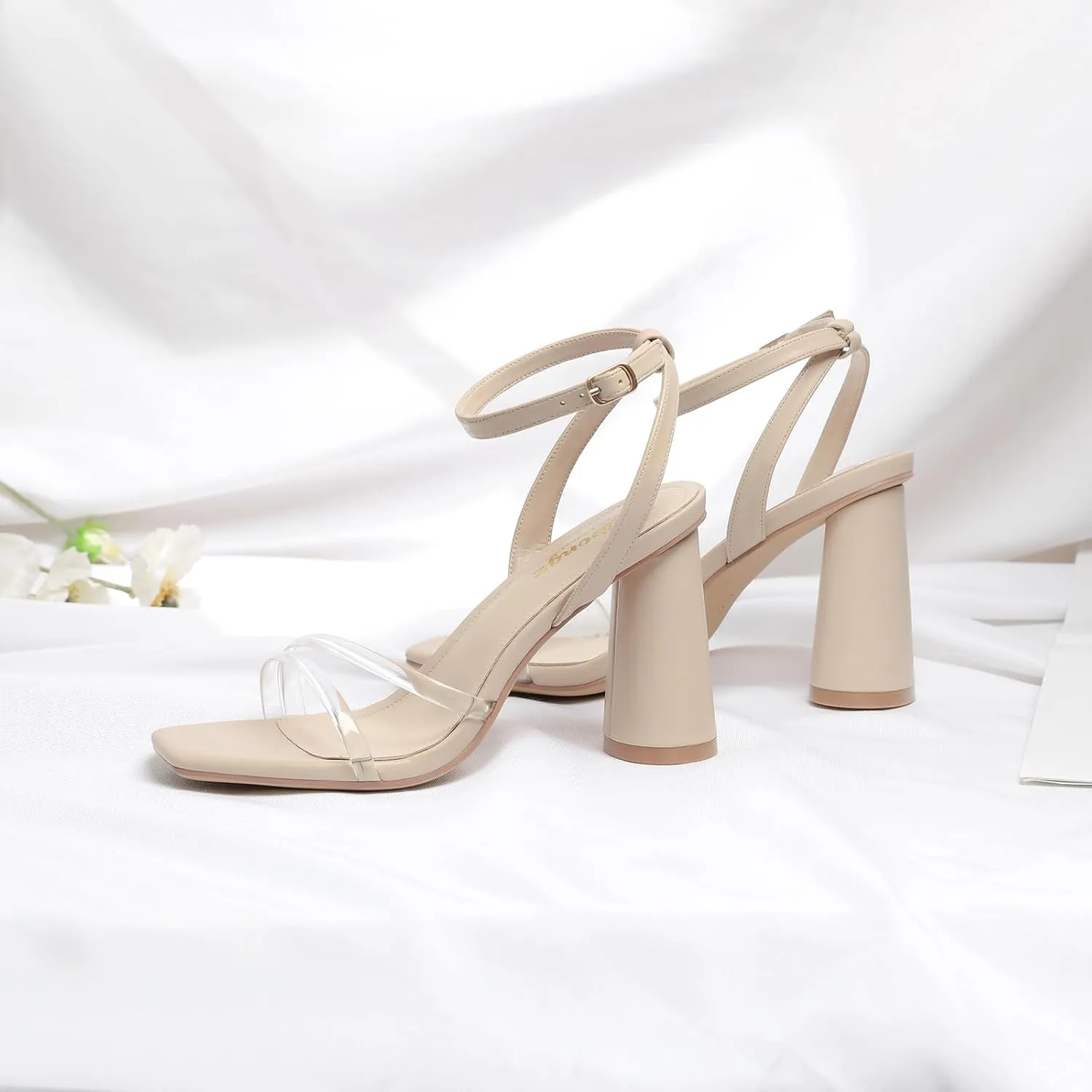 RIBONGZ Block Heels Prom Heeled Sandals for Women Chunky Square Open Toe Strappy High Heels Ankle Strap Wedding Bridal Shoes High Heel Sandals for Party Dress