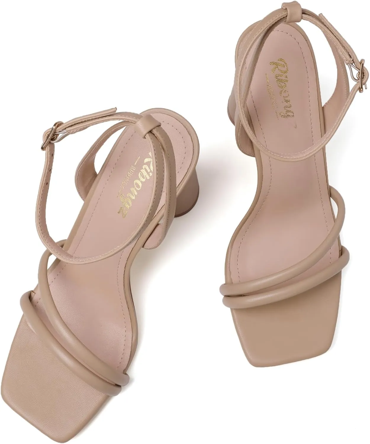 RIBONGZ Block Heels Prom Heeled Sandals for Women Chunky Square Open Toe Strappy High Heels Ankle Strap Wedding Bridal Shoes High Heel Sandals for Party Dress