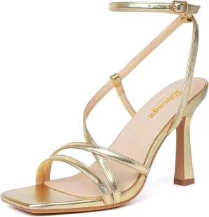 RIBONGZ Strappy Stiletto Kitten Heels Ankle Strap Sexy Heeled Sandals for Women Square Open Toe High Heels Wedding Bride Party Prom Dress Shoes