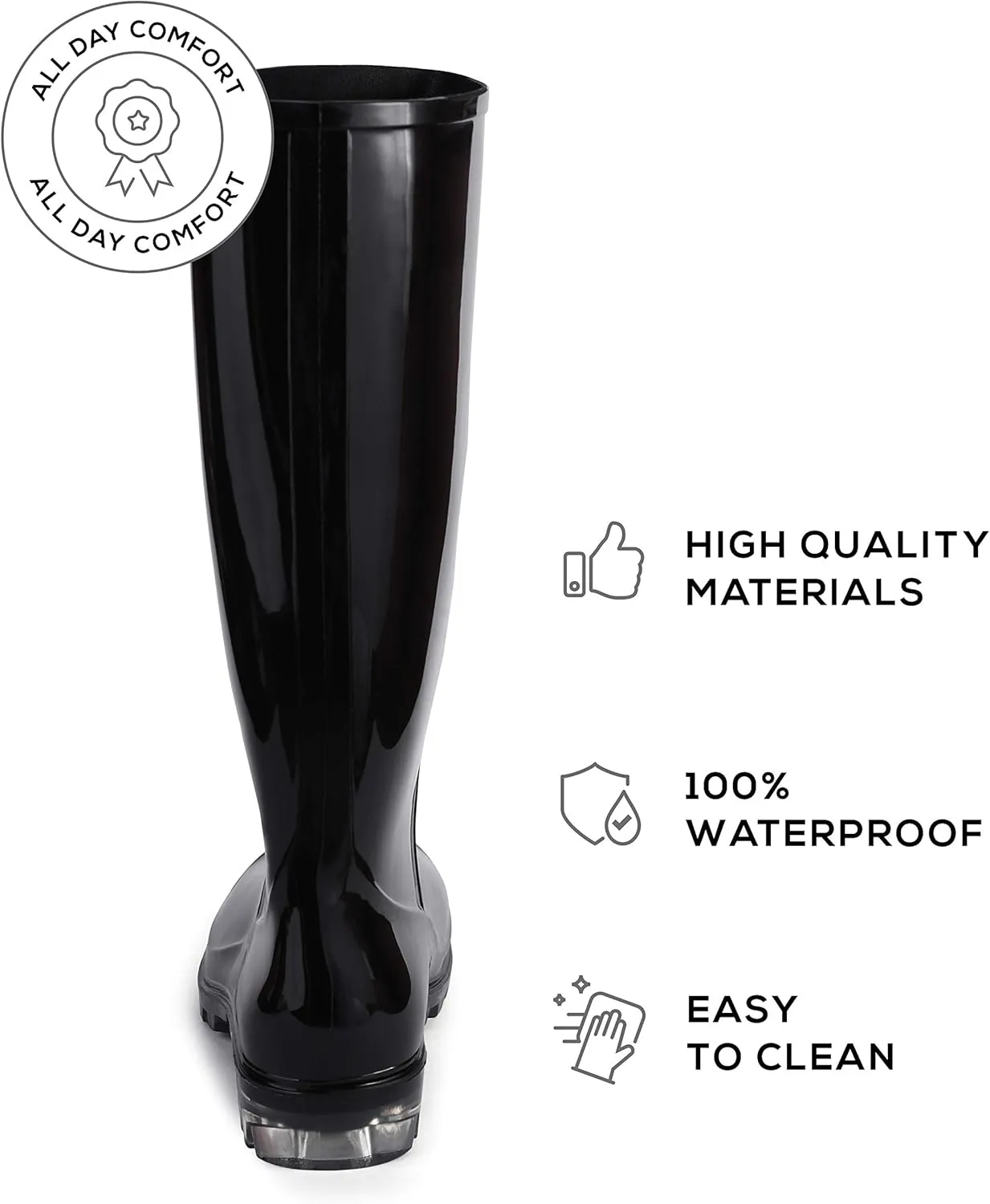 Roxoni Women's Black Rubber Rain Boots 16" Mid Calf Waterproof Rainboots Clear Sole