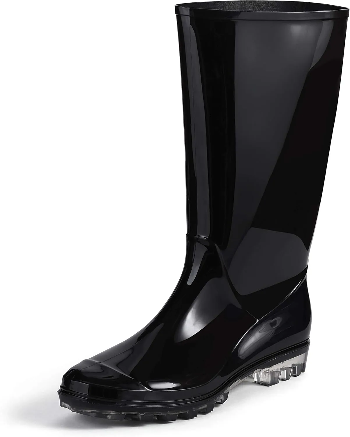 Roxoni Women's Black Rubber Rain Boots 16" Mid Calf Waterproof Rainboots Clear Sole