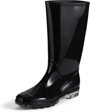 Roxoni Women's Black Rubber Rain Boots 16" Mid Calf Waterproof Rainboots Clear Sole