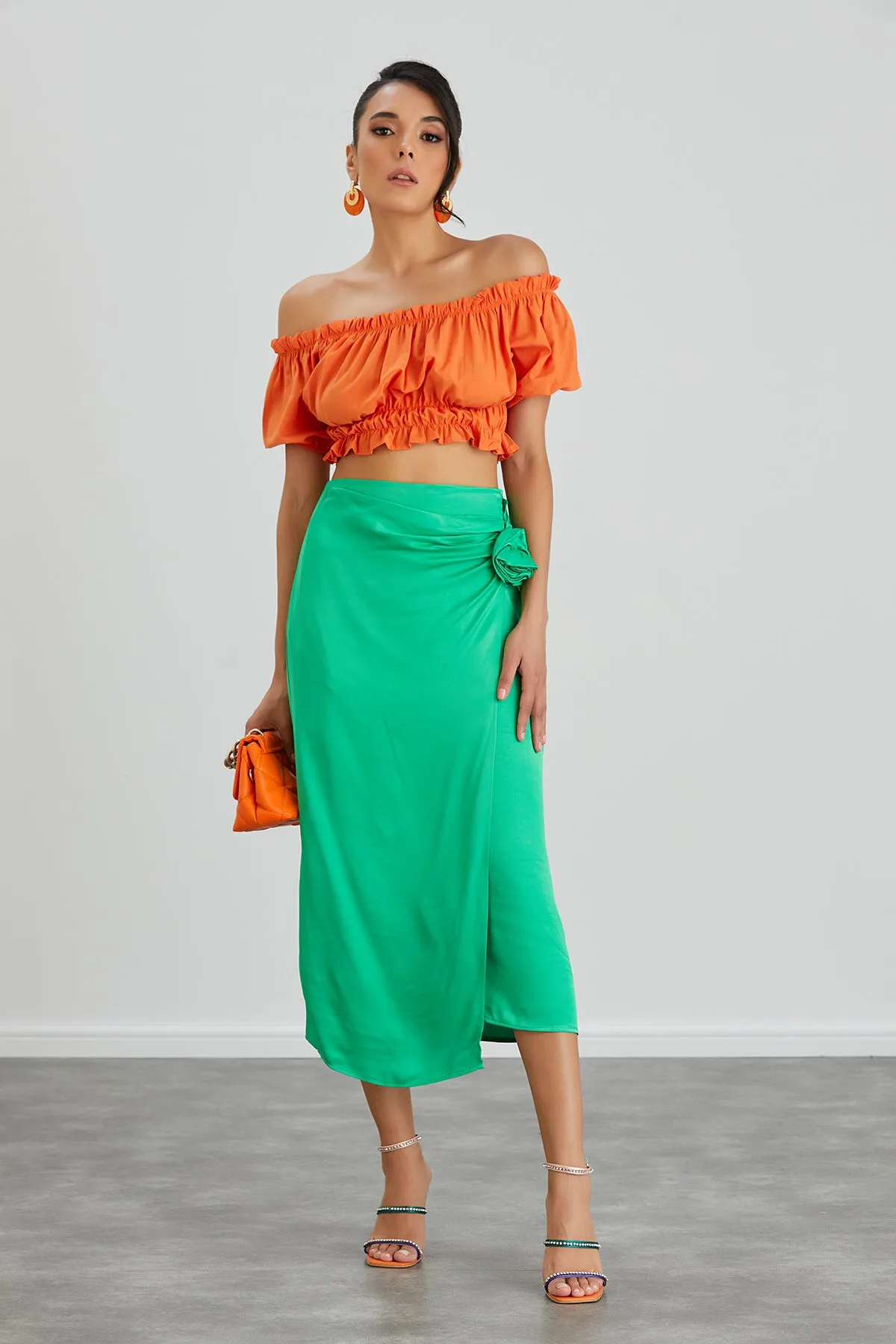 Satin Midi Skirt with Rose detail in Green