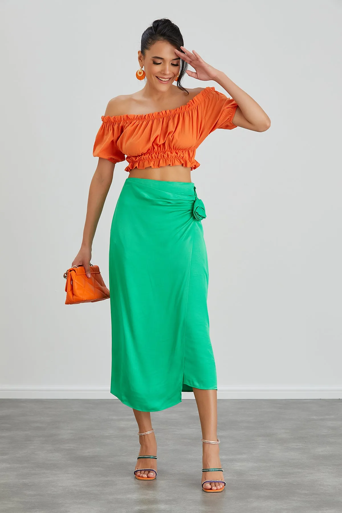 Satin Midi Skirt with Rose detail in Green
