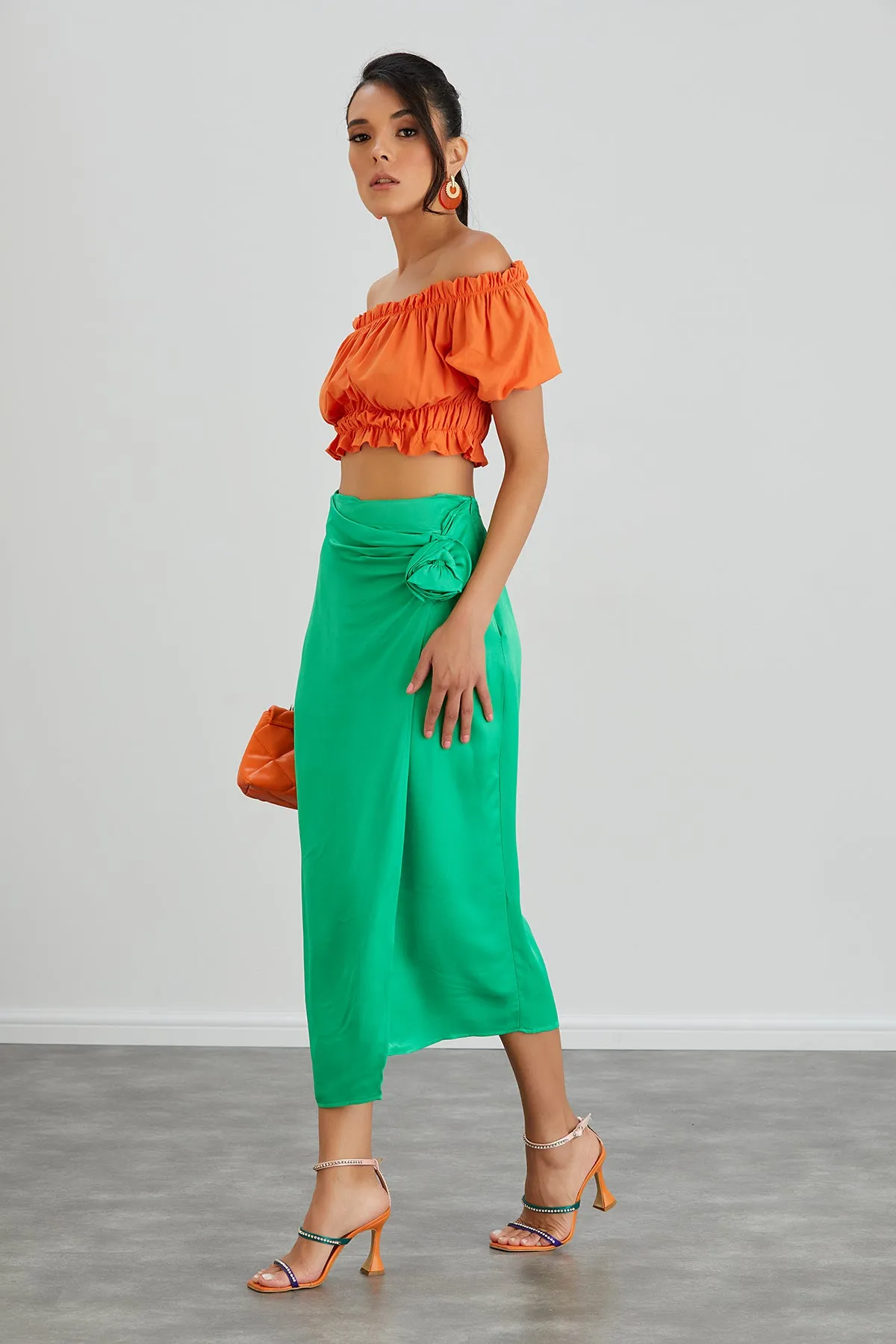 Satin Midi Skirt with Rose detail in Green