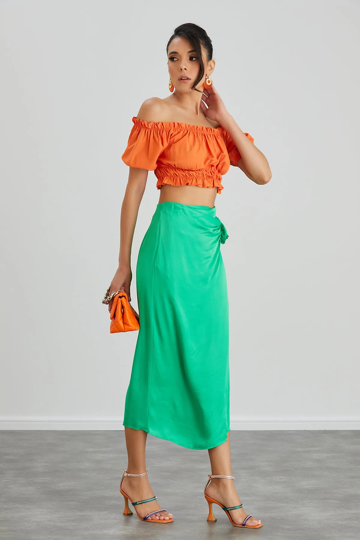 Satin Midi Skirt with Rose detail in Green