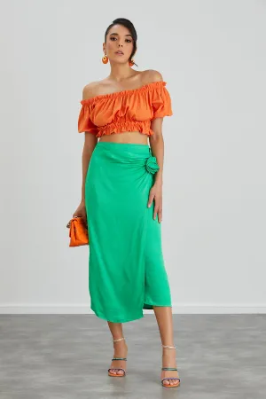 Satin Midi Skirt with Rose detail in Green