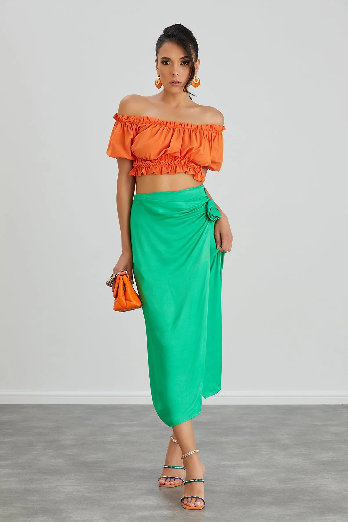 Satin Midi Skirt with Rose detail in Green