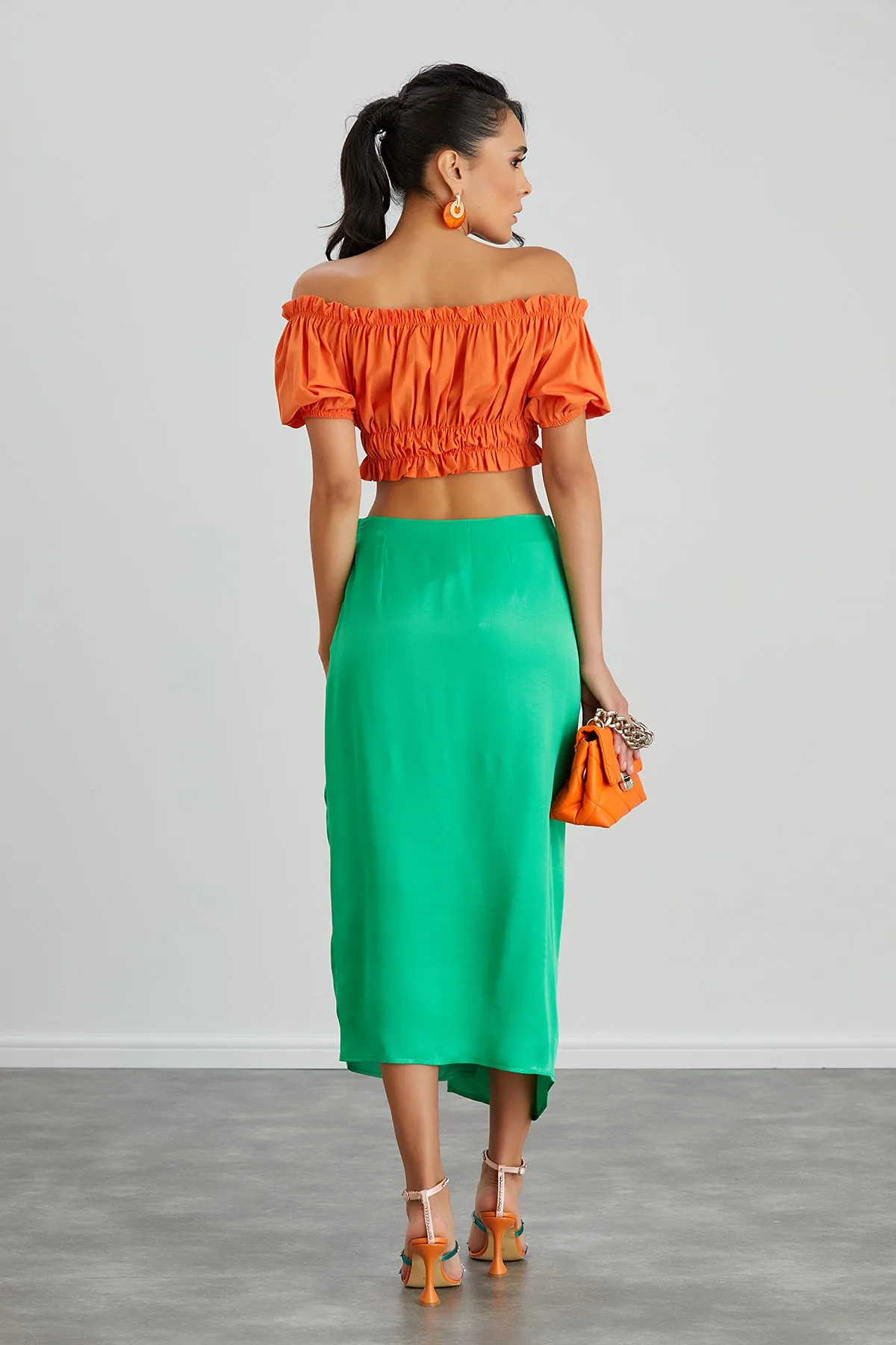 Satin Midi Skirt with Rose detail in Green