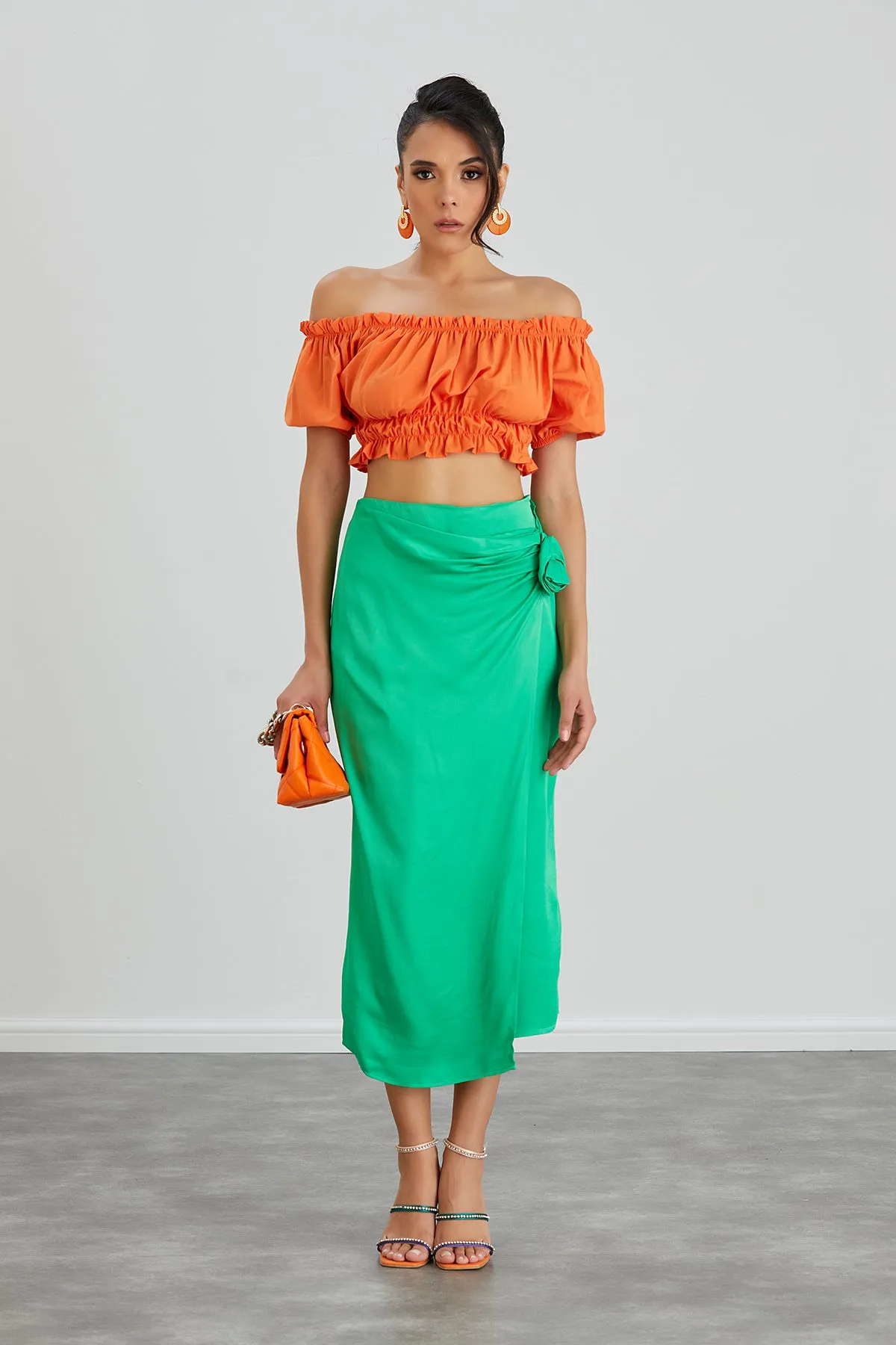 Satin Midi Skirt with Rose detail in Green
