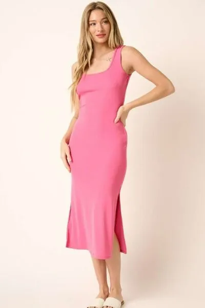Side Slit Wide Strap Midi Tank Dress in Hot Pink