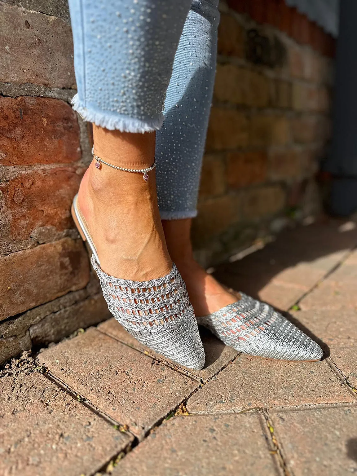 Silver Metallic Woven Slip Ons
