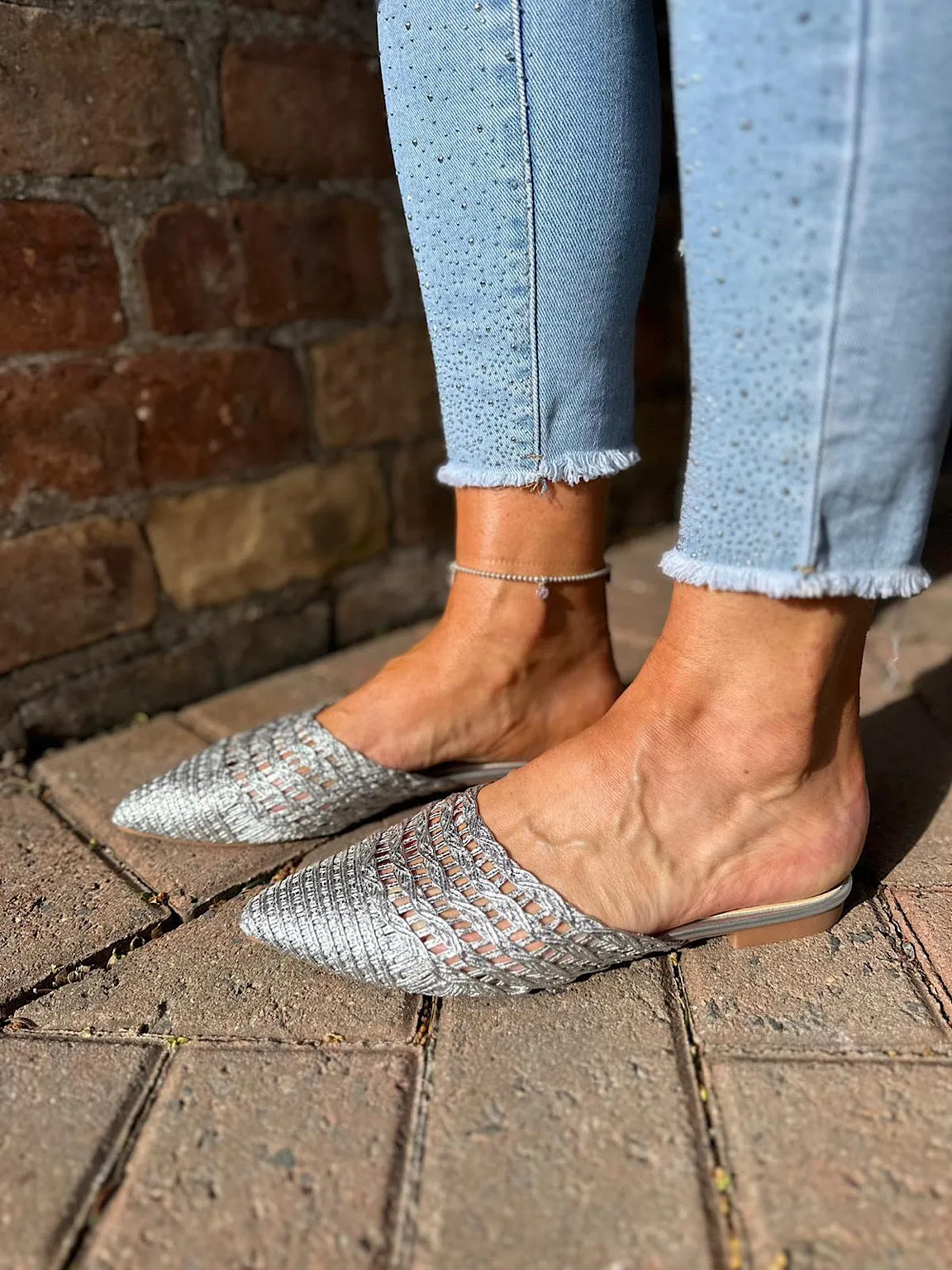 Silver Metallic Woven Slip Ons