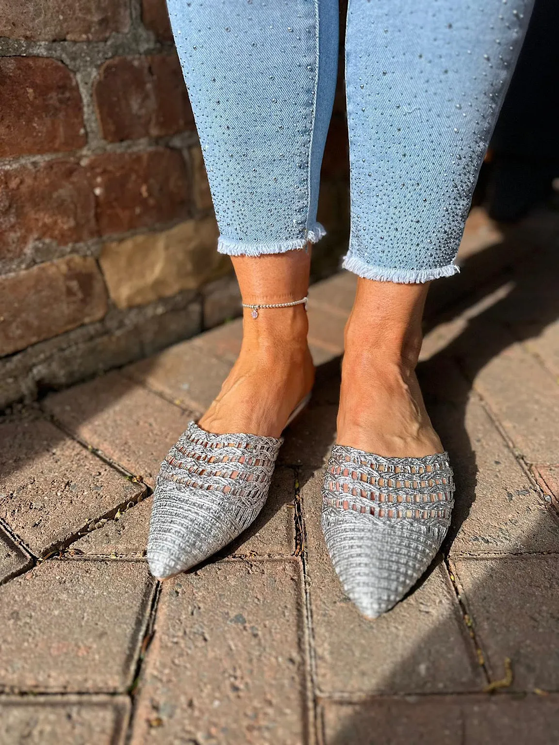 Silver Metallic Woven Slip Ons