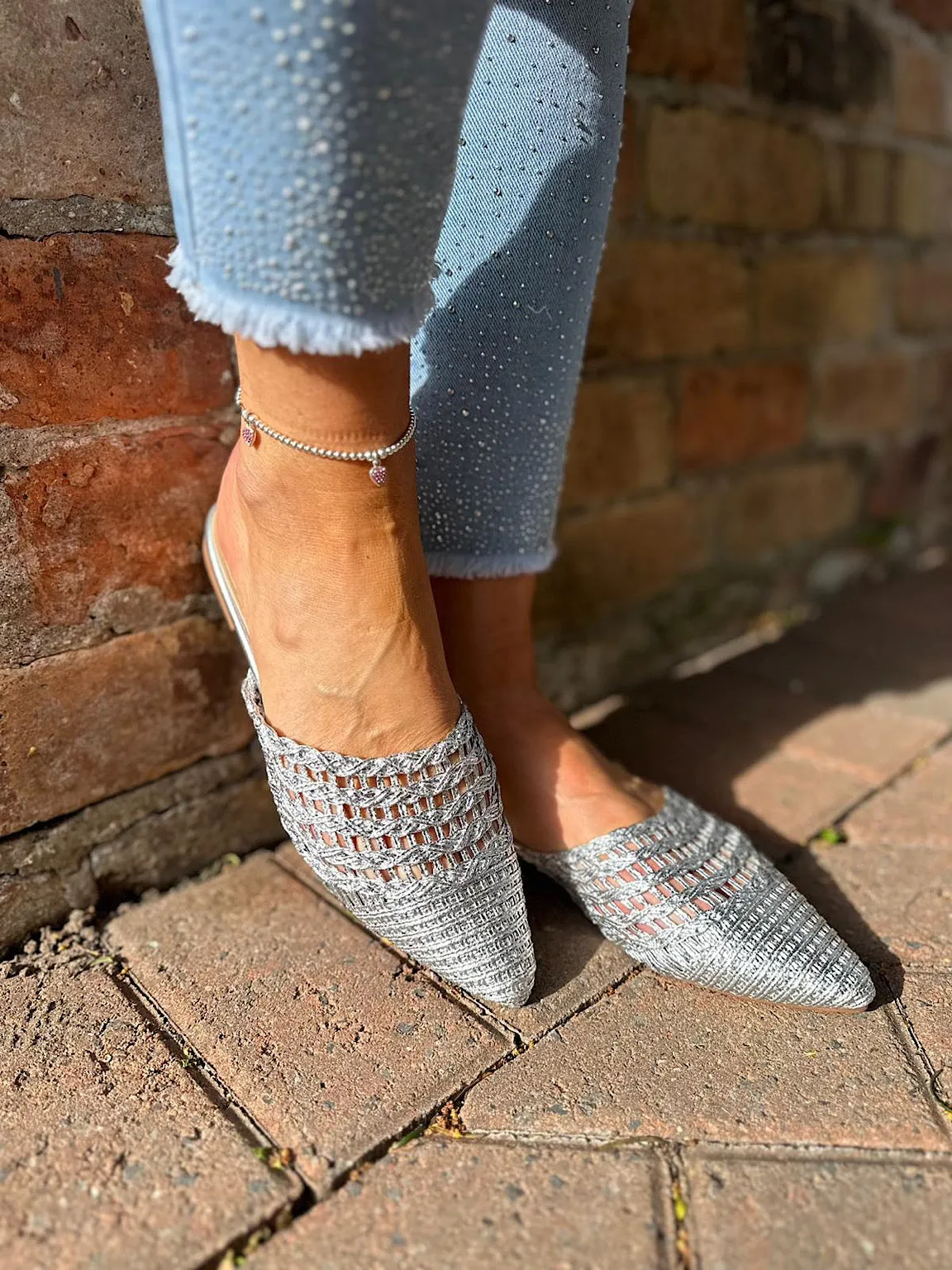 Silver Metallic Woven Slip Ons