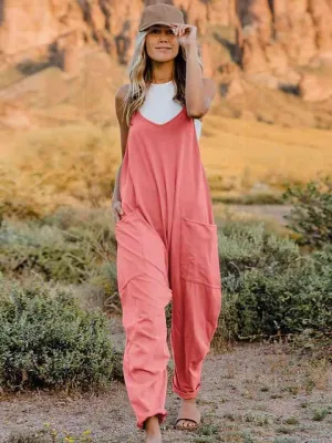 Sleeveless Pocketed V Neck Overalls