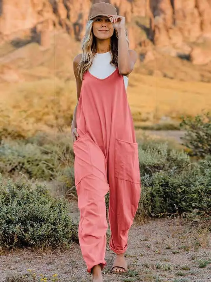 Sleeveless Pocketed V Neck Overalls