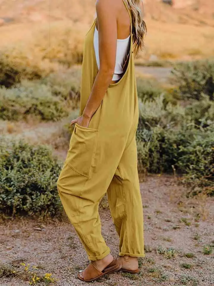 Sleeveless Pocketed V Neck Overalls