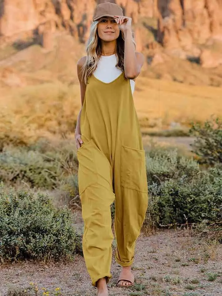 Sleeveless Pocketed V Neck Overalls