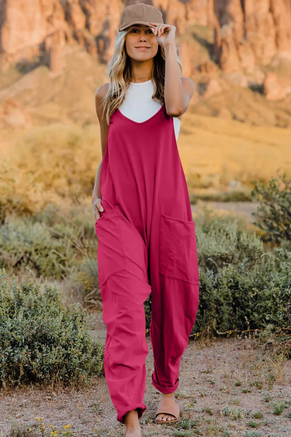 Slightly Stretch V-Neck Tapered Overalls