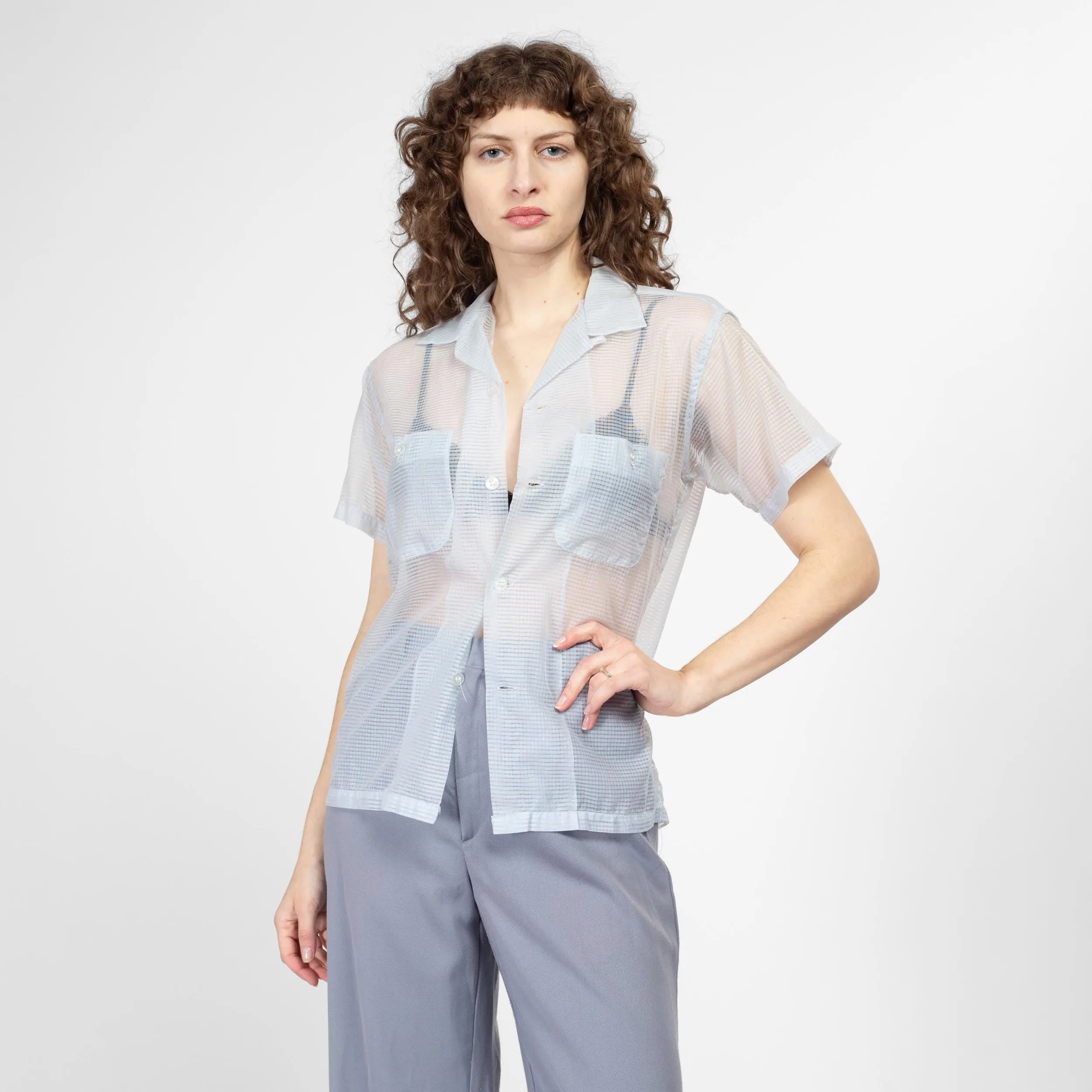 Small 60s Sheer Pastel Blue Collared Shirt Unisex