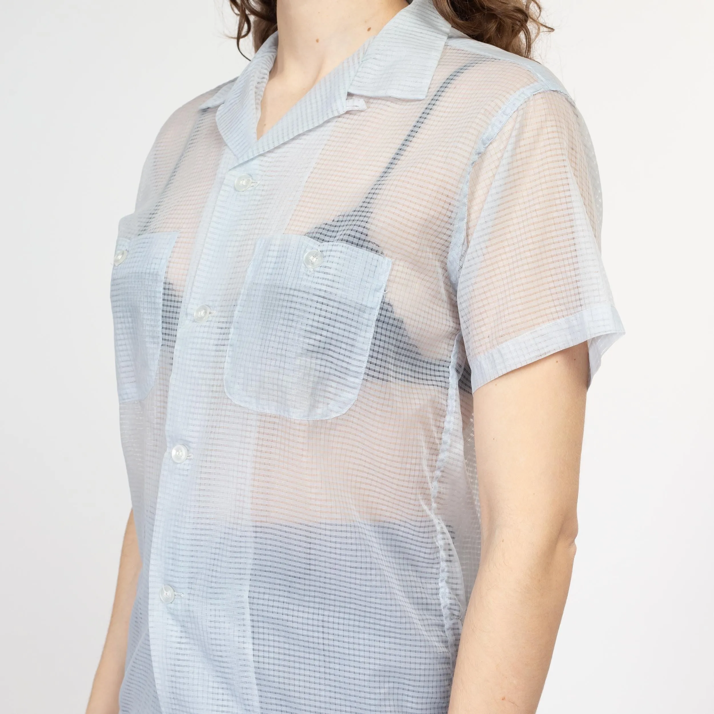 Small 60s Sheer Pastel Blue Collared Shirt Unisex