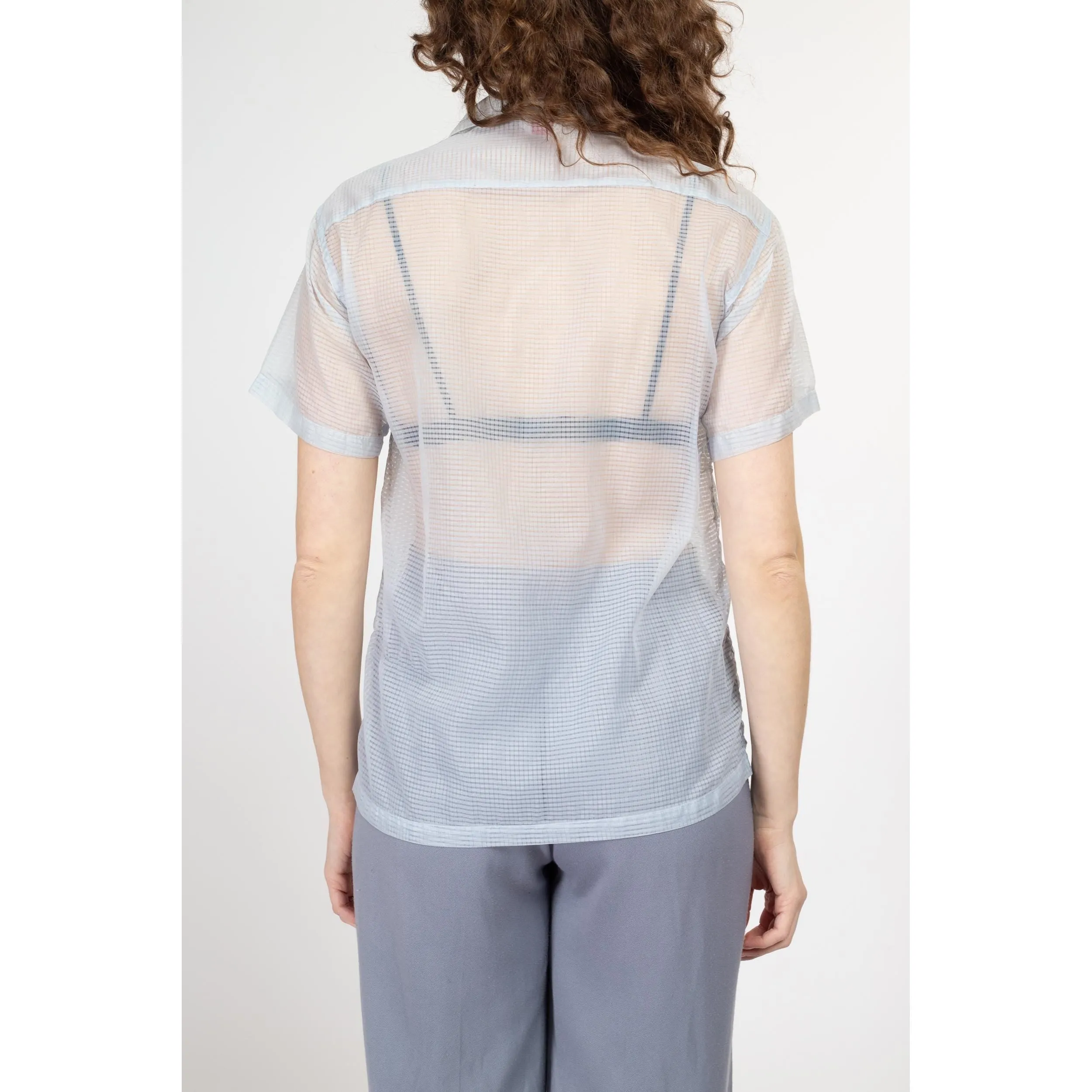 Small 60s Sheer Pastel Blue Collared Shirt Unisex
